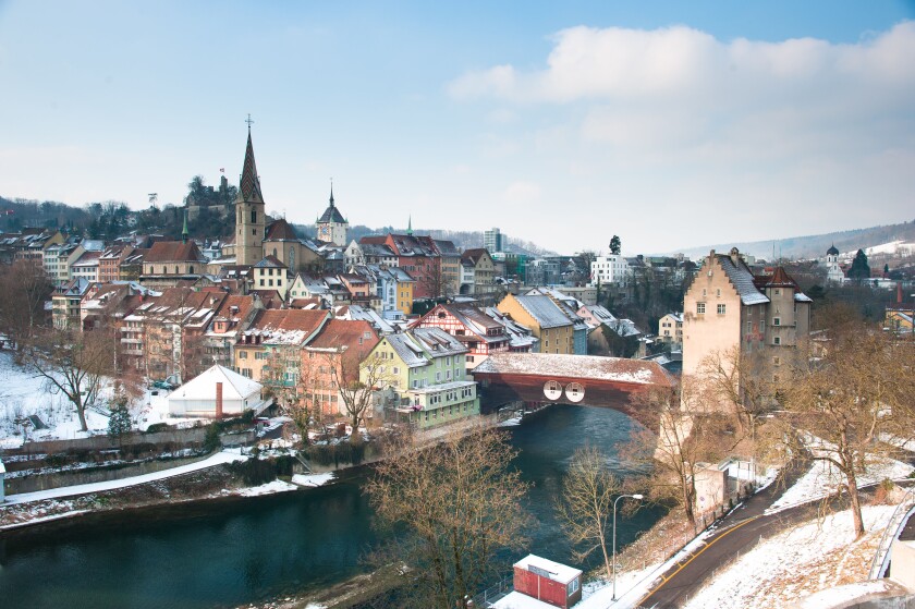 Panoramic view of the old town Baden in Winter, Baden, Switzerland, 2012