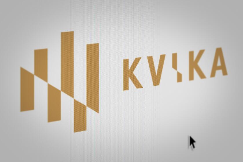 Logo of the public company Kvika banki displayed on a computer screen in close-up. Credit: PIXDUCE