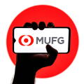 Smartphone with Mitsubishi UFJ Financial Group logo on screen in clenched hand on background of Japan flag