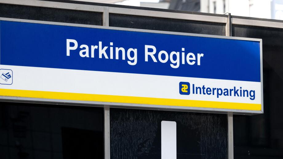 Entrance to Interparking Rogier underground parking facility in central Brussels. Brussels, Belgium 17 MAR 2026 Photo Werner Lerooy.