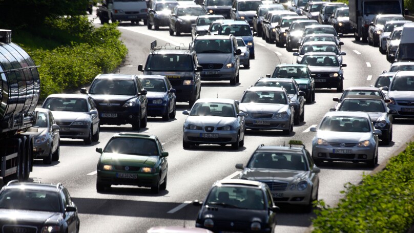 Traffic jam on a highway, motorway.