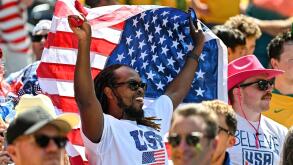 Seattle, WA, USA. 19th June, 2026. A Team USA fan waves the US flag as the team leaves the field after the FIFA World Cup soccer match between Australia and USA in Seattle, WA. Team USA defeated Australia 2-0. Steve Faber/CSM/Alamy Live News