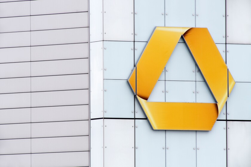 facade with logo of the headquarter of bank 'Commerzbank' in Frankfurt (Main)