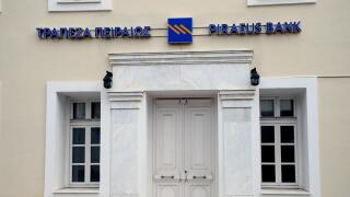Exterior of the Piraeus Bank of Greece in the small town of Pilos (Pylos) in the Greek Peloponnese.