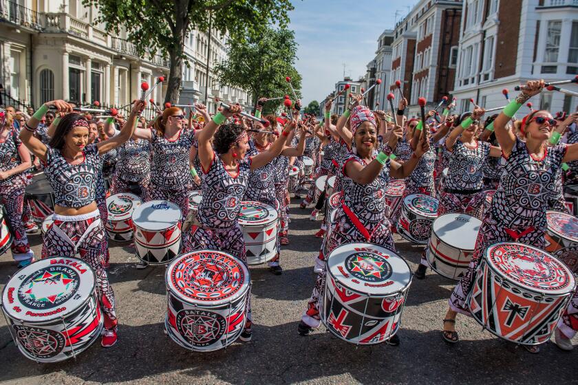 London, UK. 28th Aug, 2017. The Batala drum band from Brazil - The Monday of the Notting Hill Carnival. The annual event on the streets of the Royal Borough of Kensington and Chelsea, over the August bank holiday weekend. It is led by members of the Briti