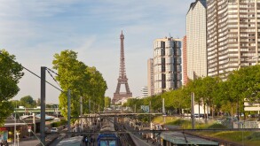 France, Paris, Train Station with High-rise Buildings on the Left Bank and Eiffel Tower