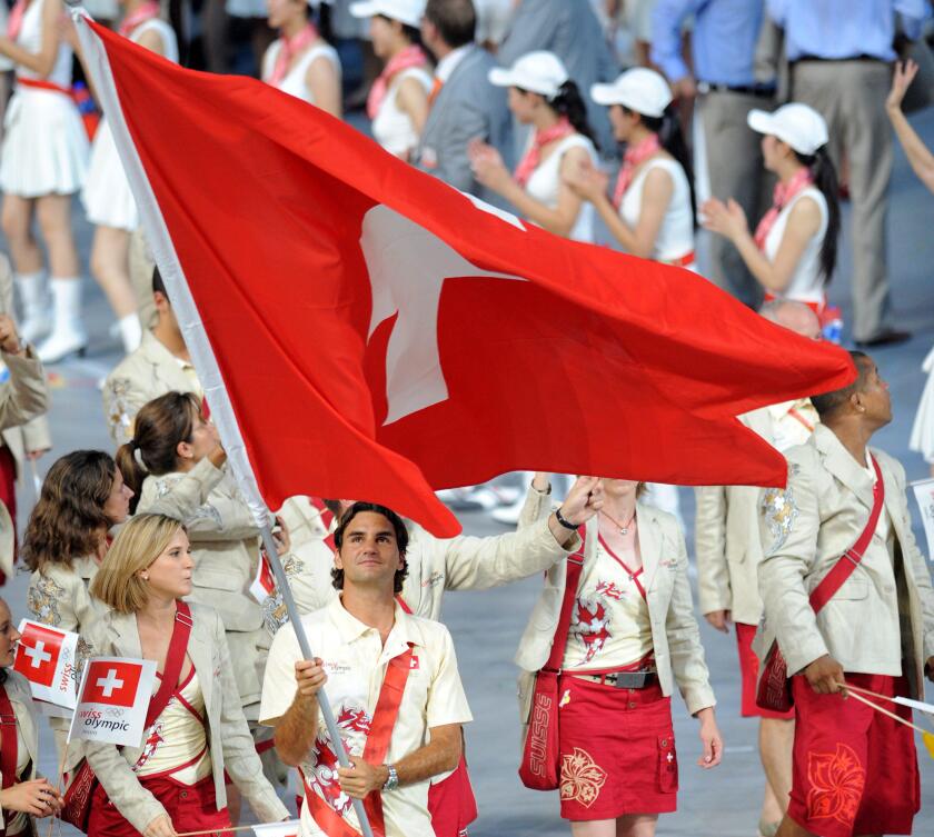 Swiss flag bearer Roger Federer during the Opening Ceremony of the Beijing 2008 Olympic Games at the National Stadium, known as Bird's Nest, Beijing, China, 08 August 2008. BERND THISSEN ###dpa###