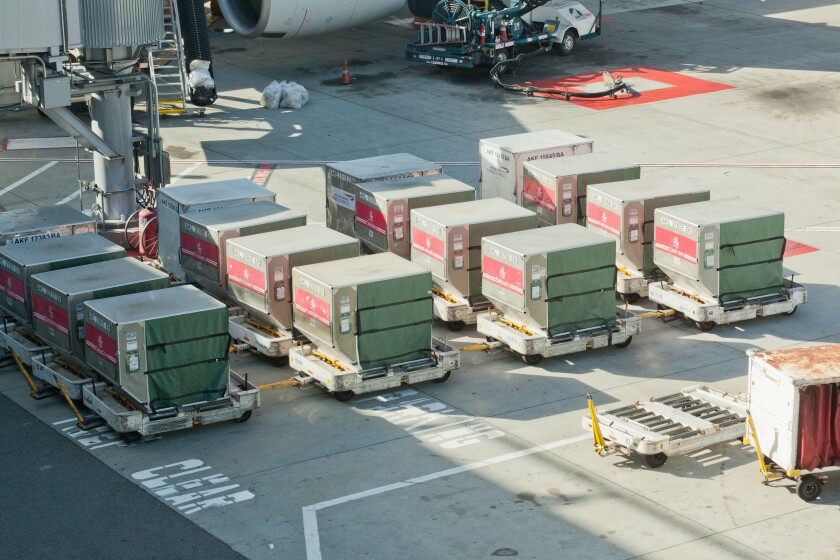 Commercial airline unit load device (ULD) containers at airport