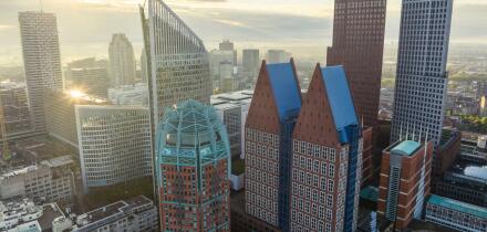 Den Haag, Holland. Business center of The Hague, Netherlands. Cloudy Morning in Summer day, Aerial Drone View.