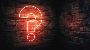 Question mark neon sign on brick wall, conceptual 3d rendering illustration for test, exam and looking for answers perplexed situation.