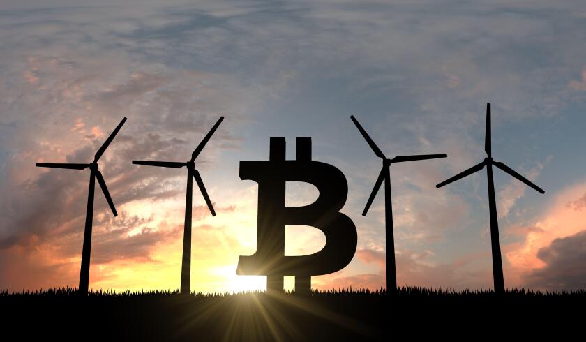 Bitcoin cryptocurrency logo silhouette with sustainable wind turbines. 3D Rendering