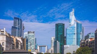 France, ile-de-France, Paris, La Defense, Courbevoie. From right to left, the First Tower or CB31 tower, CB21 Tower by Covivio, the Grande Arche, the