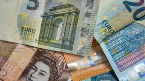 Pounds and Euros of various denominations at a closeup