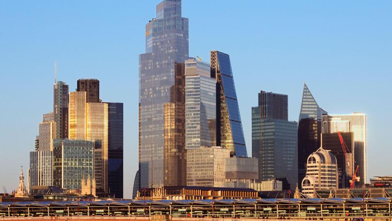 City of London skyline with Blackfriars Bridge and station, London, England, UK. Buildings incl. 22 Bishopsgate, 122 Leadenhall Street, 52 Lime Street