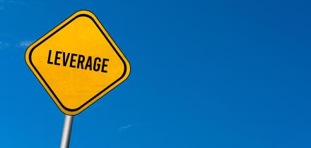 Leverage - yellow sign with blue sky. Image shot 05/2018. Exact date unknown.