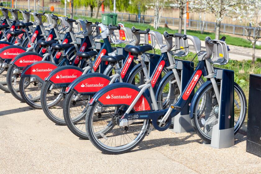 Santander Hire Bikes docking Station , Near to The London Aquatics Centre, Stratford, London, England, United Kingdom.