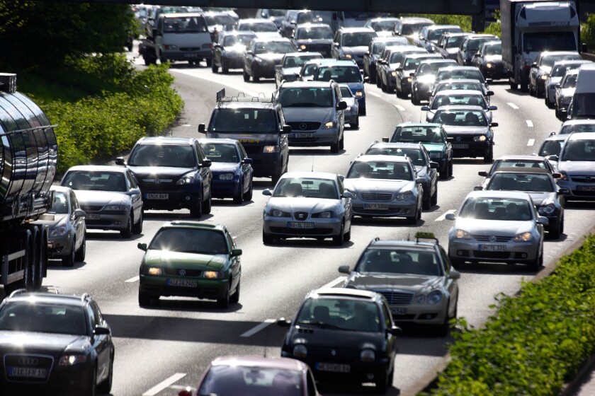 Traffic jam on a highway, motorway.