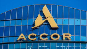 Sign on top of the Sequana tower, headquarters of Accor, a French hotel group with a worldwide presence, Issy-les-Moulineaux, France