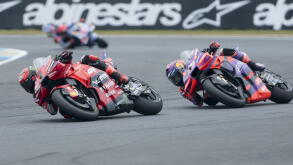 Francesco Bagnaia of Italy #1 and Ducati Lenovo Team, Jorge Martin of Spain #89 and Prima Pramac Racing (Ducati) in action during the 2024 MotoGP Michelin Grand Prix de France (27 laps) on day 3 at the Circuit Bugatti on May 12, in Le Mans, France