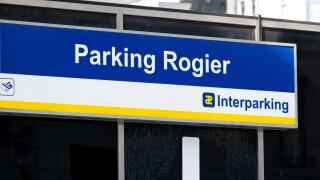 Entrance to Interparking Rogier underground parking facility in central Brussels. Brussels, Belgium 17 MAR 2026 Photo Werner Lerooy.