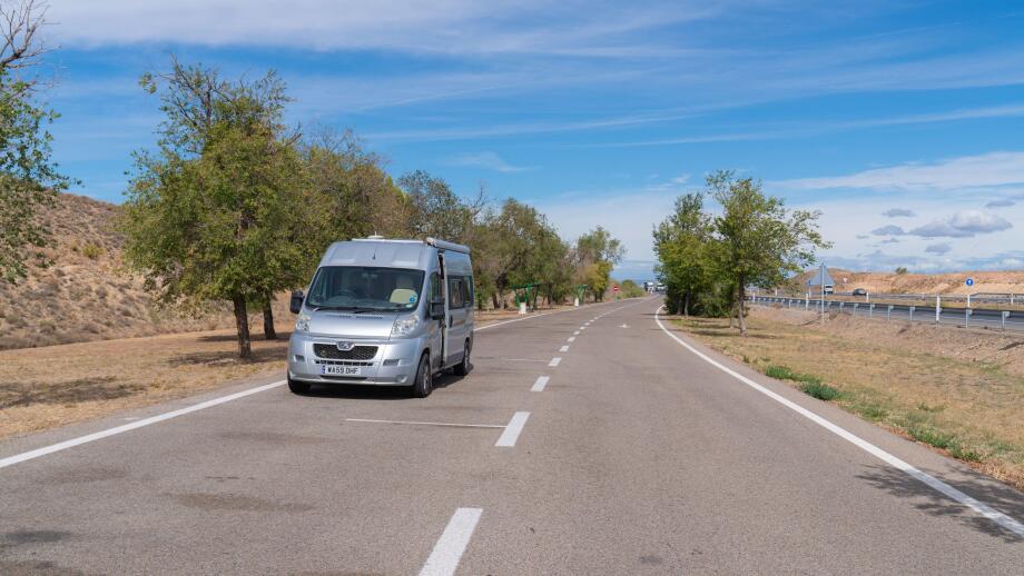 Motorhome parked in Autopista AP-68 spanish motorway rest area north west of Zaragossa, Spain