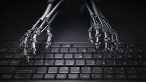 Robot typing on a computer keyboard - automation and AI research concept illustration