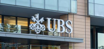 Closeup of UBS logo sign above the entrance. Stamford, CT, USA.