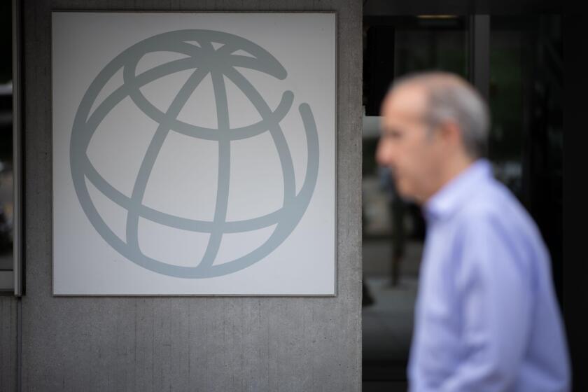The World Bank logo on its headquarters in Washington, D.C., as seen on August 5, 2019. (Graeme Sloan/Sipa USA)