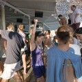 Mykonos, Greece. Tourists dancing at the Tropicana Club on Paradise Beach