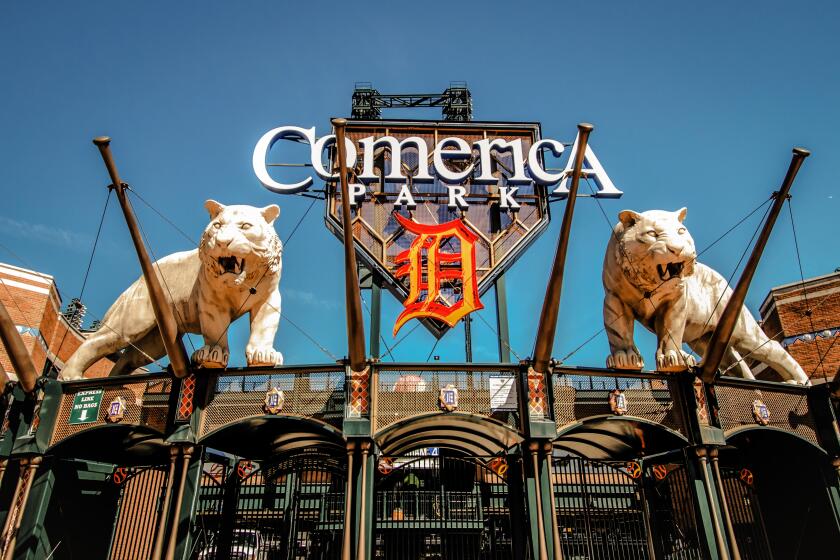 Exterior of Comerica Park home to the Detroit Tigers. The ballpark has a capacity of over 41,000 and replaced Tiger Stadium in the year 2000