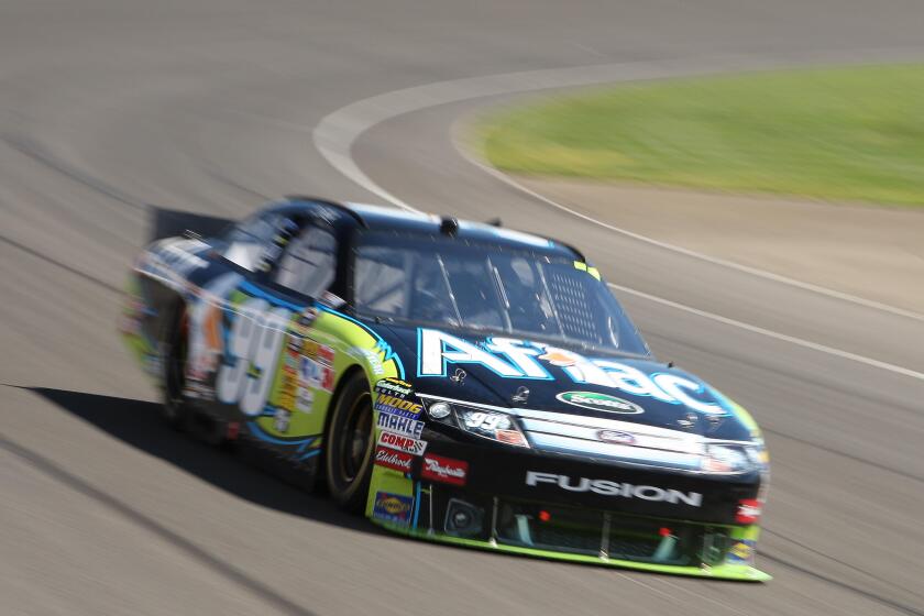 Oct. 10, 2010 - Fontana, California, United States of America - Sprint Cup Series driver Carl Edwards in the Aflac #99 car in action during the Pepsi Max 400 at the Auto Club Speedway. (Credit Image: © Brandon Parry/Southcreek Global/ZUMApress.com)