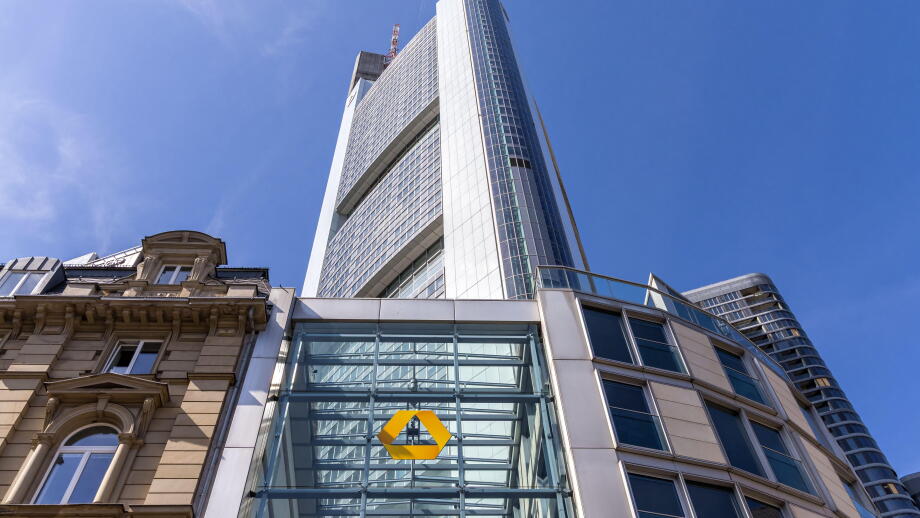 Frankfurt, Germany - April 11, 2025: Commerzbank headquarters Frankfurt in Commerzbank Tower Germany's tallest skyscraper in Frankfurt, Germany.