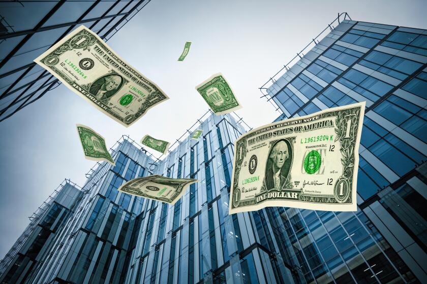 Dollars falling from corporate city office buildings skyscrapers
