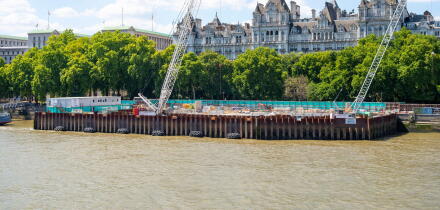 Construction work in progress by Victoria Embankment, London for the Thames Tideway Tunnel super sewer project under construction under the Thames