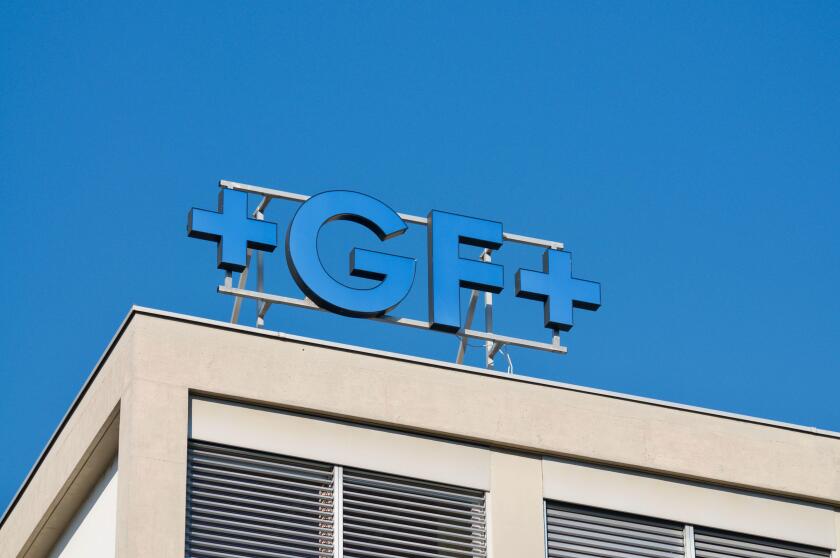 Locarno, Ticino, Switzerland - 16th January 2021 : Georg Fischer (abbreviated GF or +GF+) sign hanging on building office in Switzerland
