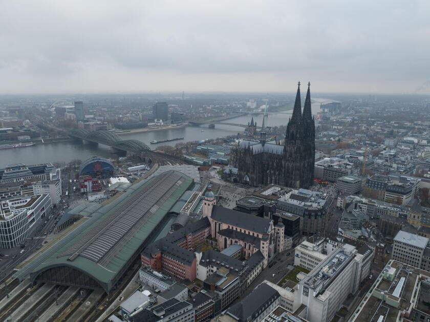 Cologne, 11th of December 2022, Germany. Aerial view of downtown Cologne city center. River rhine, skyline, Cologne Cathedral and the