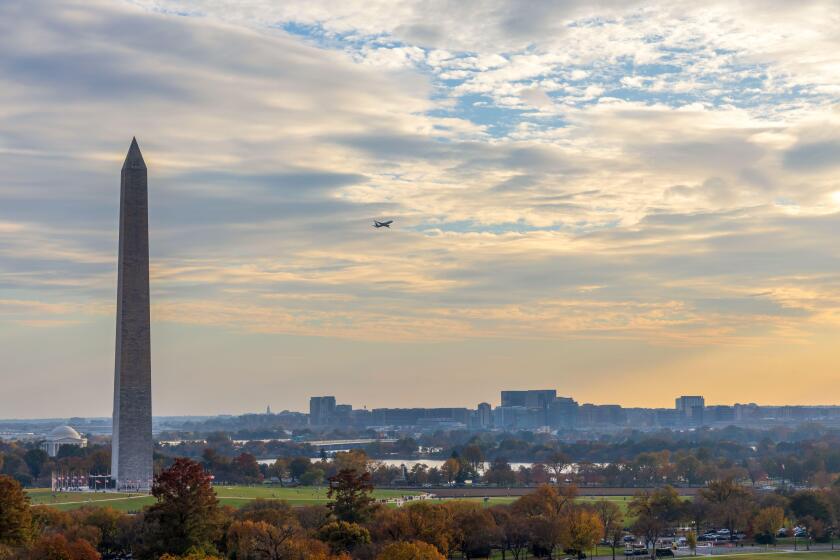 Washington DC aerial view with National Mall and Monument on an autumn sunset