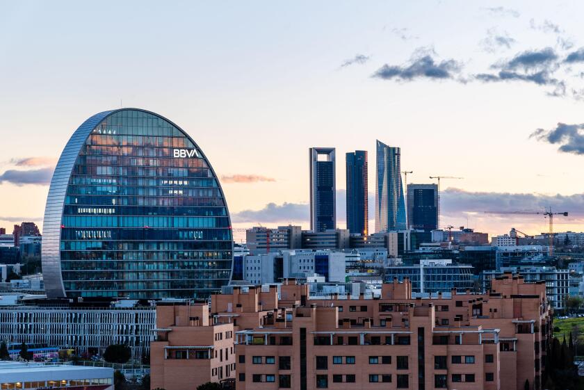 Madrid, Spain - March 7, 2020: View of the skyline of Madrid with Las Tablas residential district, BBVA office building and Cuatro Torres financial di