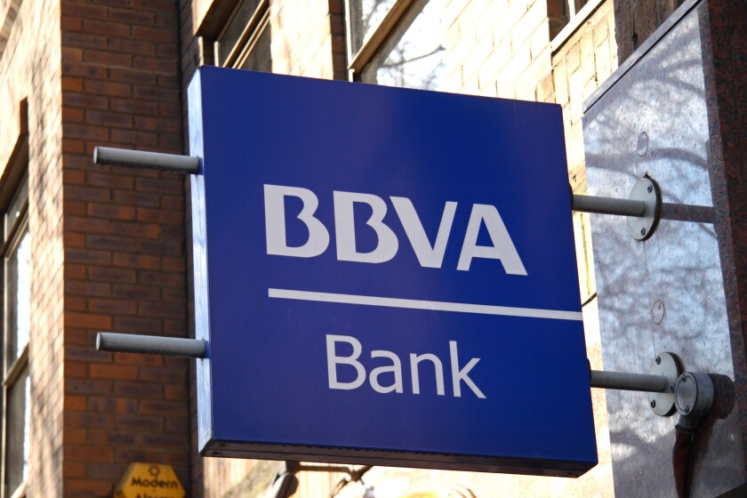 Entrance sign above the Spanish BBVA branch, Knightsbridge, London. Feb 2009