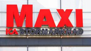 Solna, Sweden - March 10, 2016: Exterior sign at the Ica Maxi supermarket located in the Solna Business Park district.