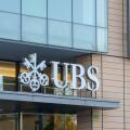 Closeup of UBS logo sign above the entrance. Stamford, CT, USA.