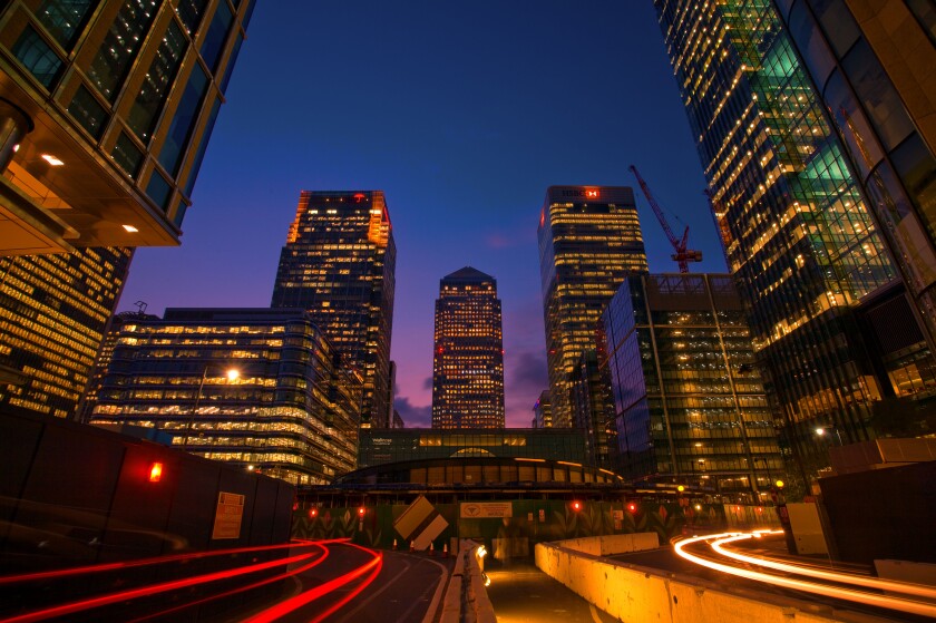 Looking down the street in Canary Wharf, London.