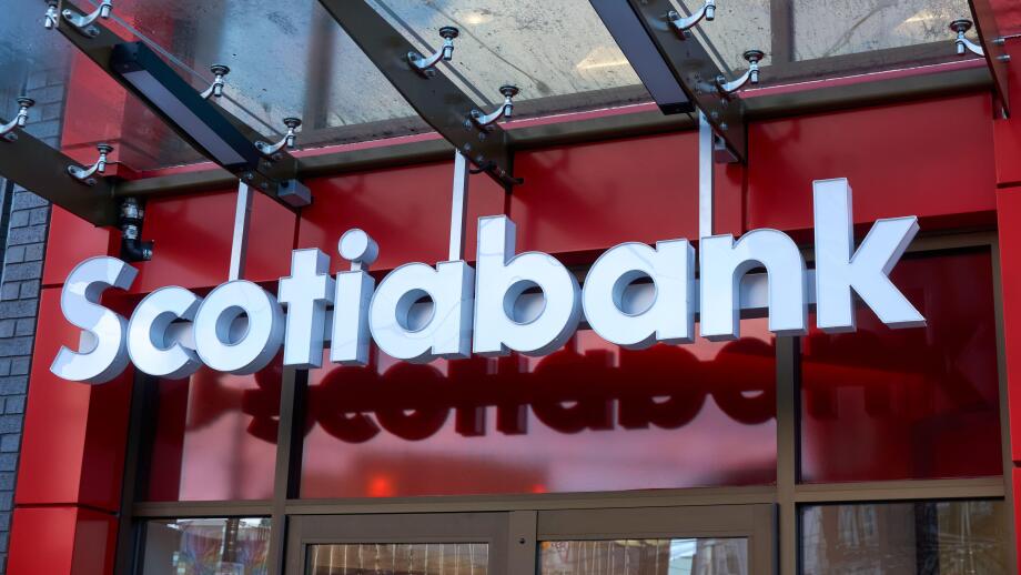 Scotiabank or Bank of Nova Scotia sign in Vancouver, British Columbia, Canada