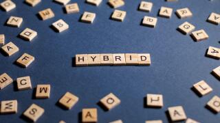 word hybrid on a dark background spelled with wooden letters