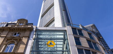 Frankfurt, Germany - April 11, 2025: Commerzbank headquarters Frankfurt in Commerzbank Tower Germany's tallest skyscraper in Frankfurt, Germany.