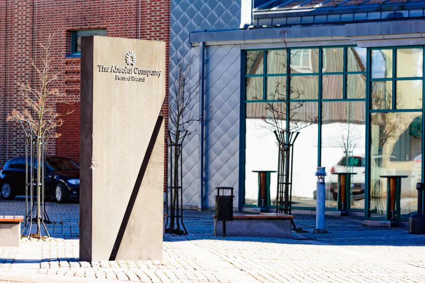 Ahus, Sweden - March 20, 2016: The stone monolith outside the Absolut Company with the logo on it. Th e Absolut Company manufact