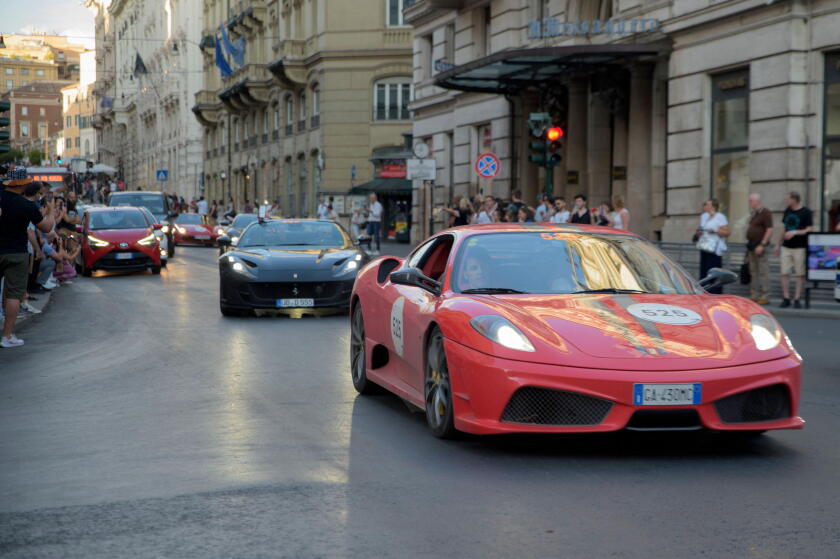 June 13, 2024, Rome, Italy: Some modern Ferrari cars participating in the re-enactment of the Mille Miglia (one thousand miles) in Rome. The Mille Miglia was a speed road car competition held in Italy from 1927 to 1957 with start and finish in Brescia in 