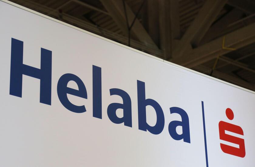 The logo for Landesbank Hessen-Thuringen Helaba is seen at the SIBOS banking and financial conference in Toronto, Ontario, Canada October 19, 2017. Picture taken October 19, 2017. REUTERS/Chris Helgren