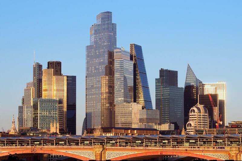 City of London skyline with Blackfriars Bridge and station, London, England, UK. Buildings incl. 22 Bishopsgate, 122 Leadenhall Street, 52 Lime Street