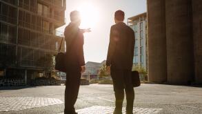 Rear view of business colleagues carrying office bags standing on street looking away with one person pointing towards a distant object. Business peop